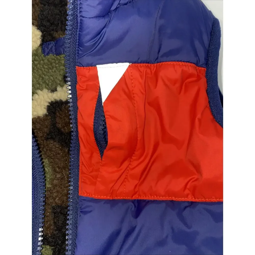 Mini Boden Reversible Camo Sherpa /blue Full Zip Vest Boys 3-4Y